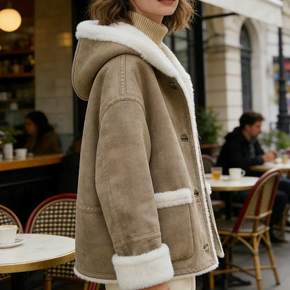 Women's jacket with hood & teddy lining brown