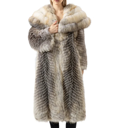 Long faux fur coat with large collar, multicolored stripes