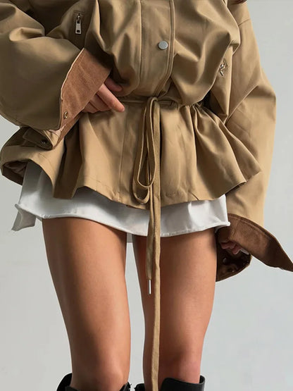 Women's beige oversized-style jacket with drawstring and contrasting collar