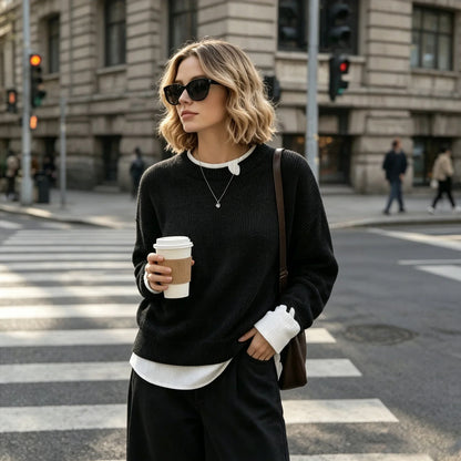 Women's long-sleeve crew-neck sweater with cable-knit look and side slits