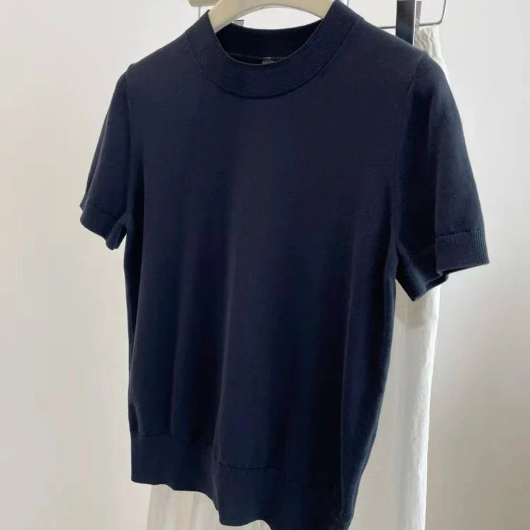 Kurzarm Strickpullover Damen - Gerippter Rundhals Ausschnitt