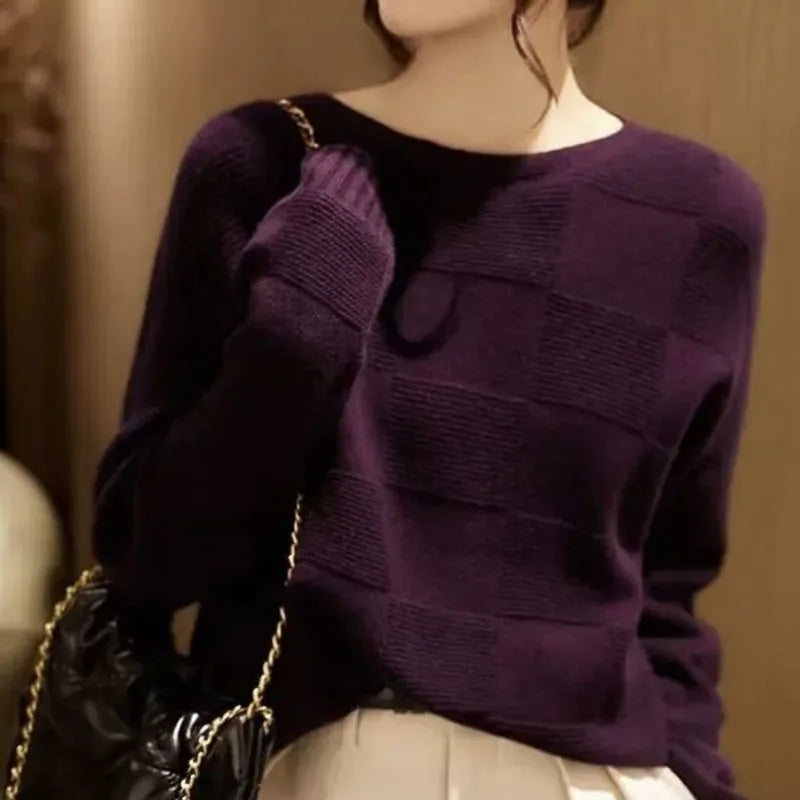 Women's purple sweater with checkered pattern, crew neck