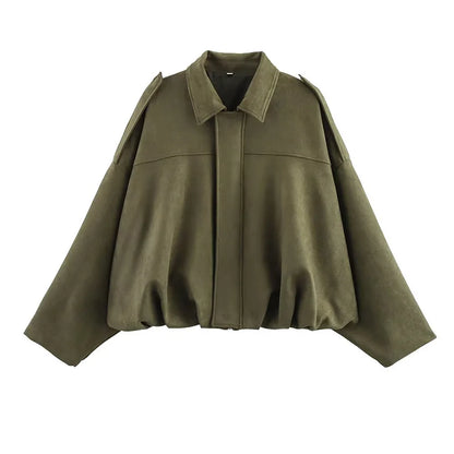 Women's short bomber jacket, oversized, green with collar