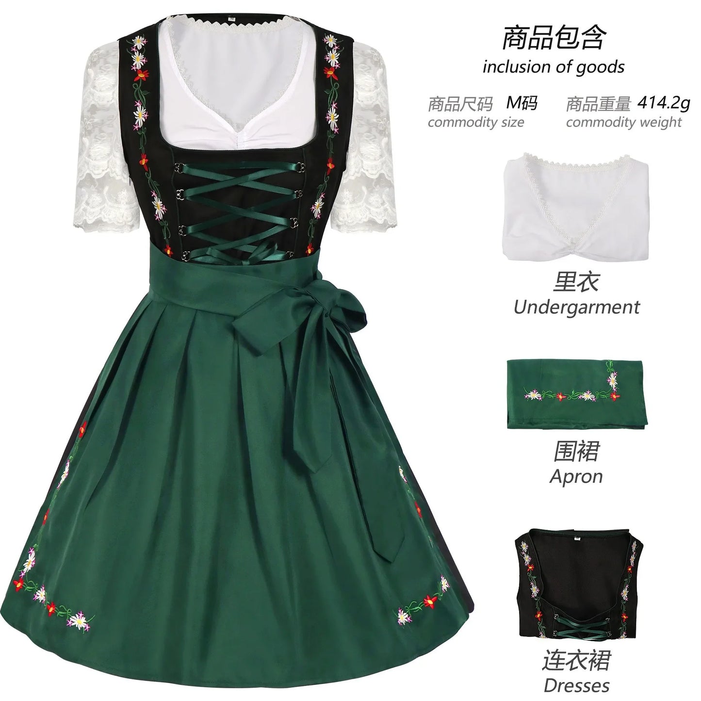 Dirndl Damen Traditionelles 3-teiliges Set Grün Schwarz Weiß mit Blumenstickerei