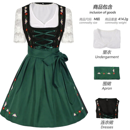 Dirndl Damen Traditionelles 3-teiliges Set Grün Schwarz Weiß mit Blumenstickerei