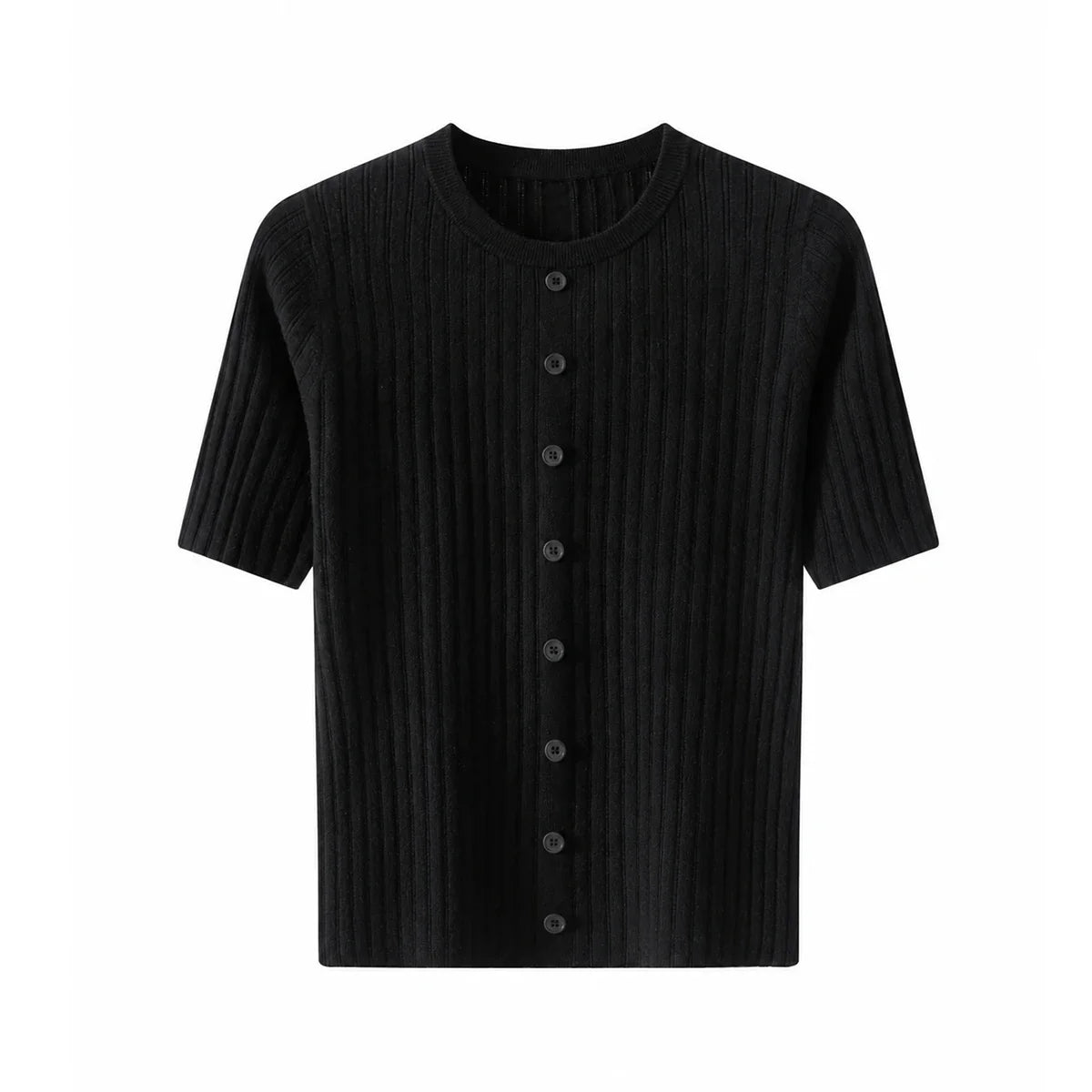 Women's Ribbed Knit Top with Short Sleeves and Button Placket