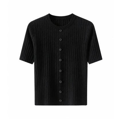 Women's Ribbed Knit Top with Short Sleeves and Button Placket