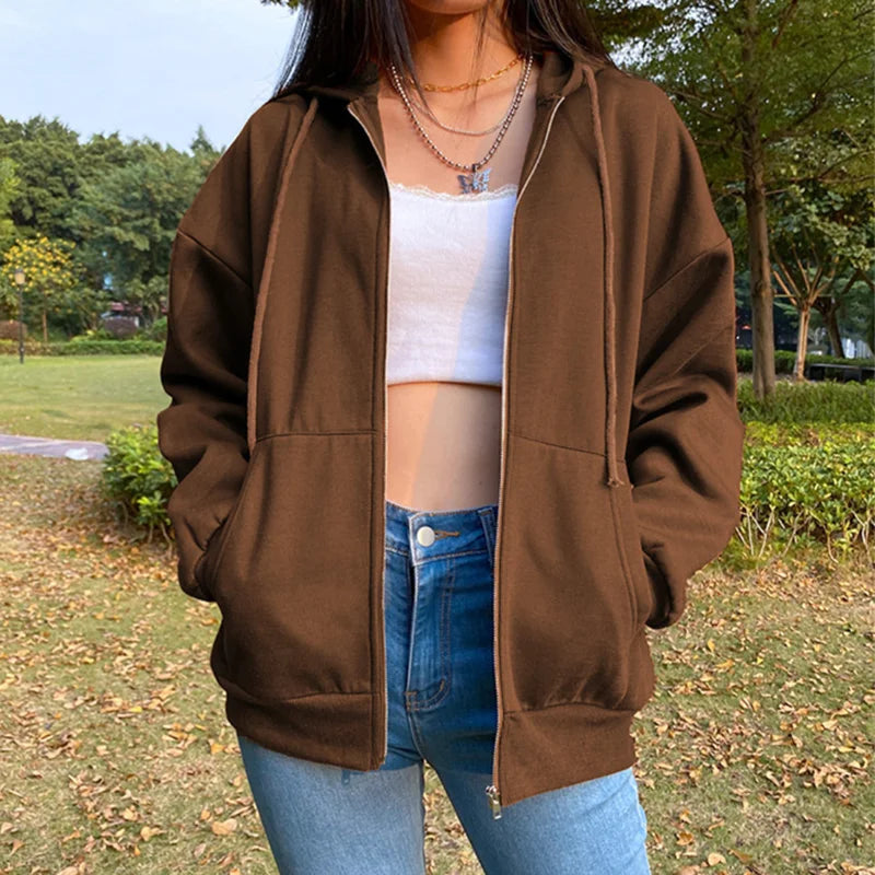 Women's Zip-Up Hoodie Jacket with Hood, Loose Fit