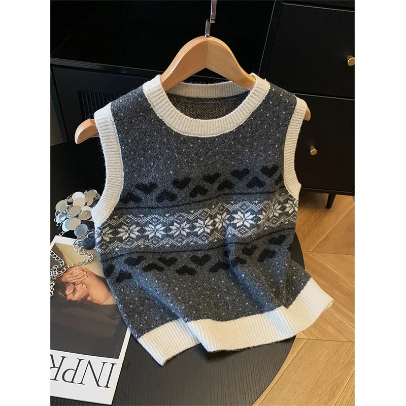 Strickweste Damen Ärmellos Rundhals Pullover mit Herz- und Schneeflockenmuster