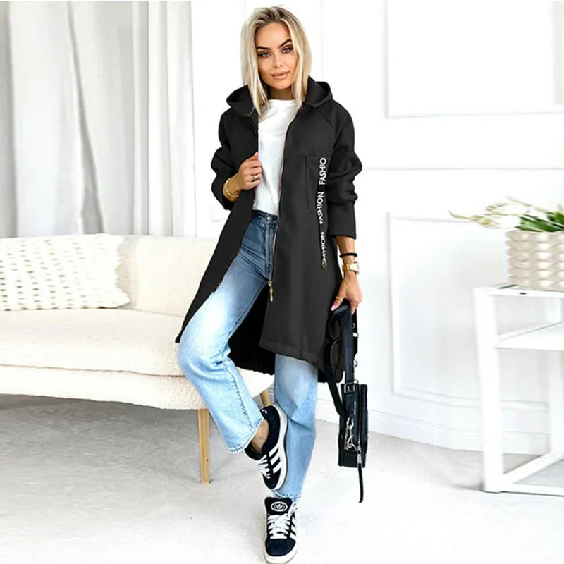 Women's long hooded jacket with zipper, solid color, relaxed fit