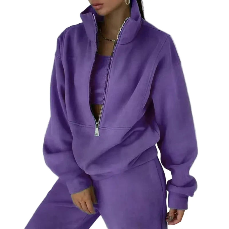 Women's tracksuit set with stand-up collar and zipper – fashionable casual suit for sports & everyday use