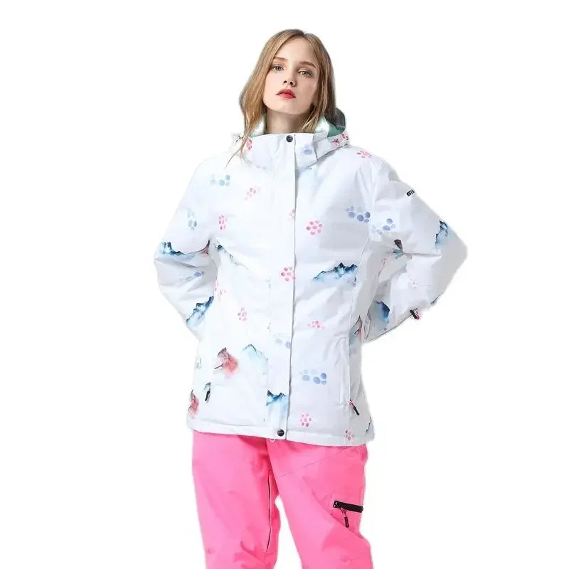 Women's winter ski jacket with hood, colorful pattern, outdoor