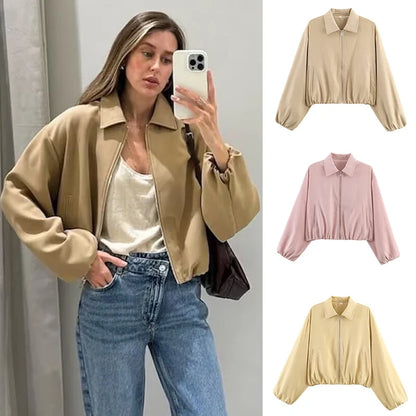 Women's cropped bomber jacket with zipper & collar