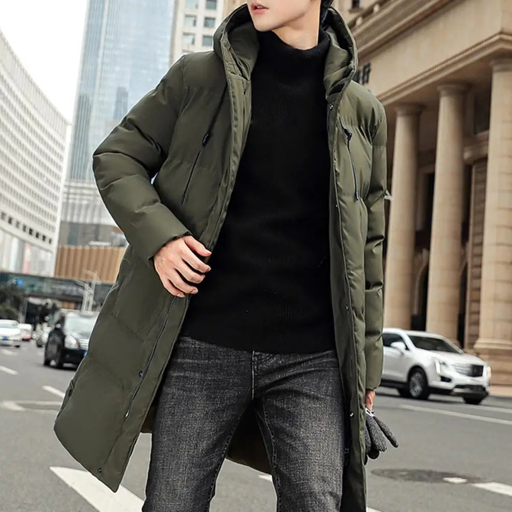 Men's long quilted coat with hood and zipper