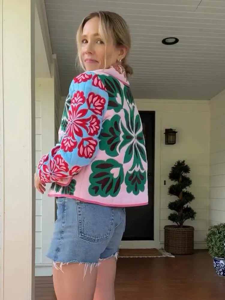 Women's colorful quilted jacket with floral embroidery, pink, blue, green, red, short quilted jacket