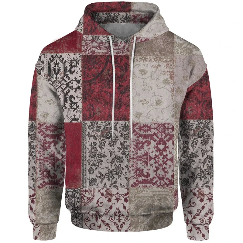 Patchwork-design hoodie with mixed patterns and hood