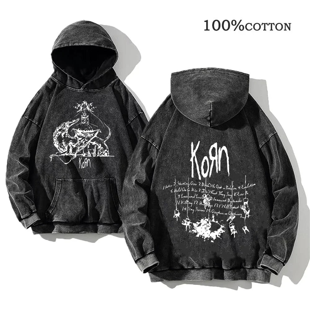 Hoodie Schwarz Grau Washed Oversize mit Band-Print Vorn & Hinten