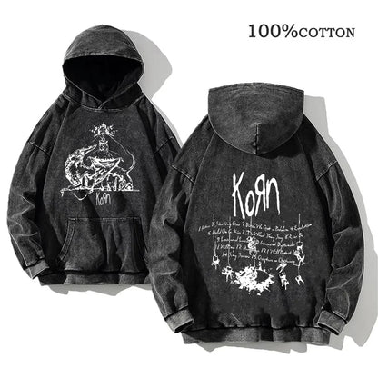 Hoodie Schwarz Grau Washed Oversize mit Band-Print Vorn & Hinten