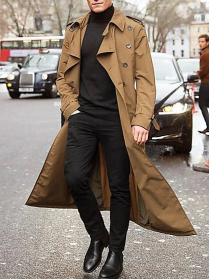 Men's Long Double-Breasted Trench Coat Khaki Black Green Orange