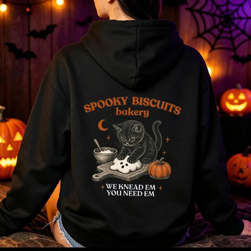 Halloween cat motif hoodie with kangaroo pocket, unisex