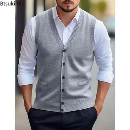 Men's knitted vest V-neck button placket