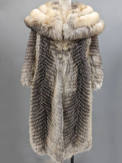 Long faux fur coat with large collar, multicolored stripes