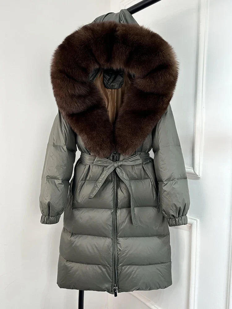 Women's black down coat with fur hood, long winter coat, belt, warm jacket