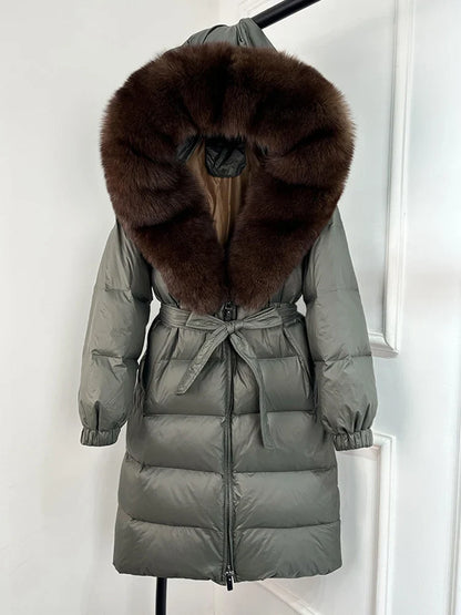 Women's black down coat with fur hood, long winter coat, belt, warm jacket