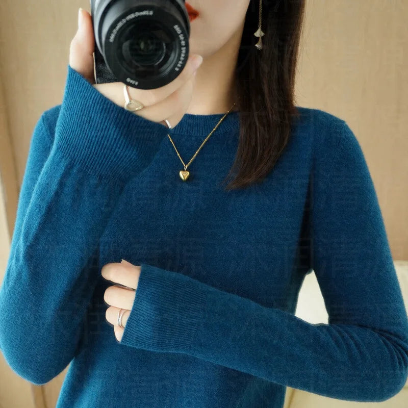 Damen Rundhals Pullover Langarm Basic Strickpullover