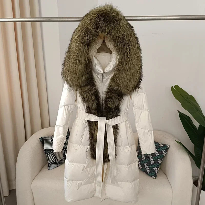 Damen Daunenmantel mit Pelzkapuze und Bindegürtel, gepolstert, lange Winterjacke