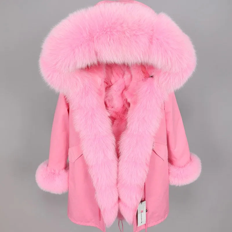 Women's winter parka with pink faux fur lining & hood