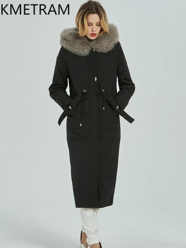 Damen Winterparka Lang Schwarz mit Kunstfellfutter und Kapuze