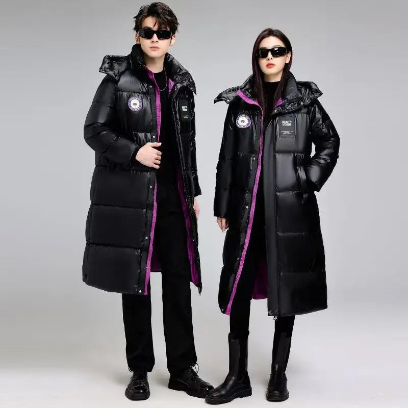 Unisex Long Black Puffer Coat with Hood