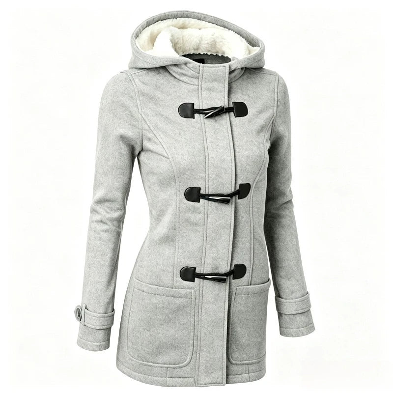Women's winter coat with hood and toggle closure, warmly lined