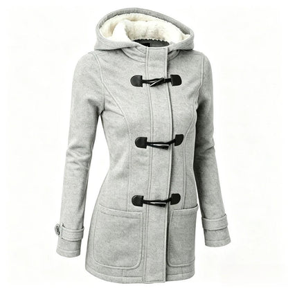 Women's winter coat with hood and toggle closure, warmly lined