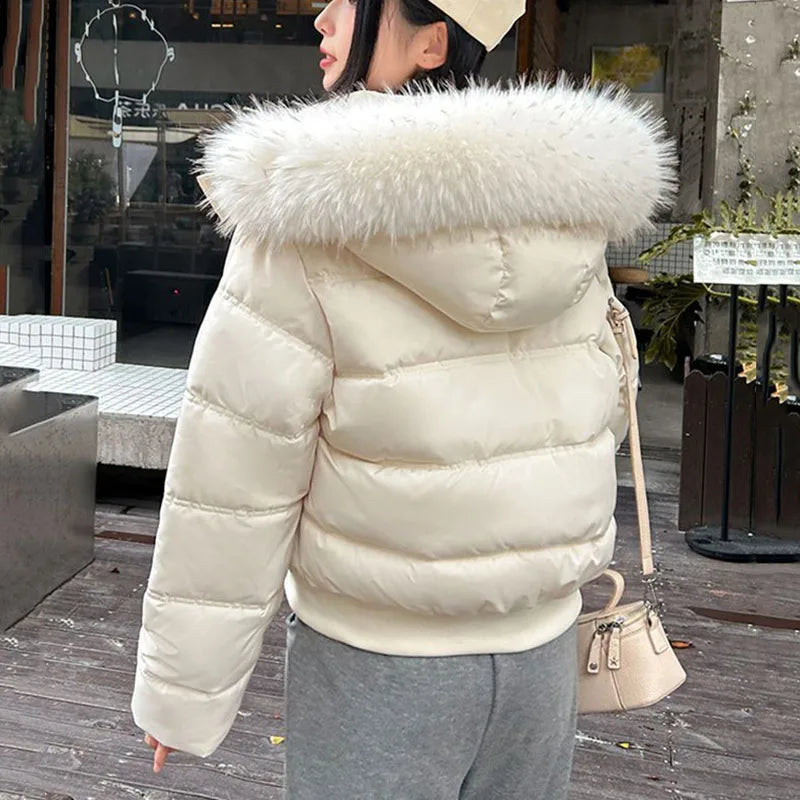 Damen Steppjacke mit Kunstfellkapuze, Kurz, Rosa