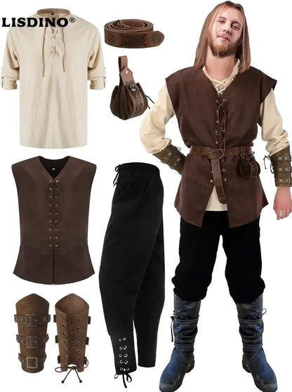 Mittelalterliches Herrenkostüm: Hemd, Weste, Hose, Gürtel, Armstulpen