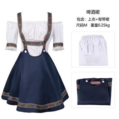 Damen Dirndl-Kleid mit Trägern und Carmen-Bluse, bestickt