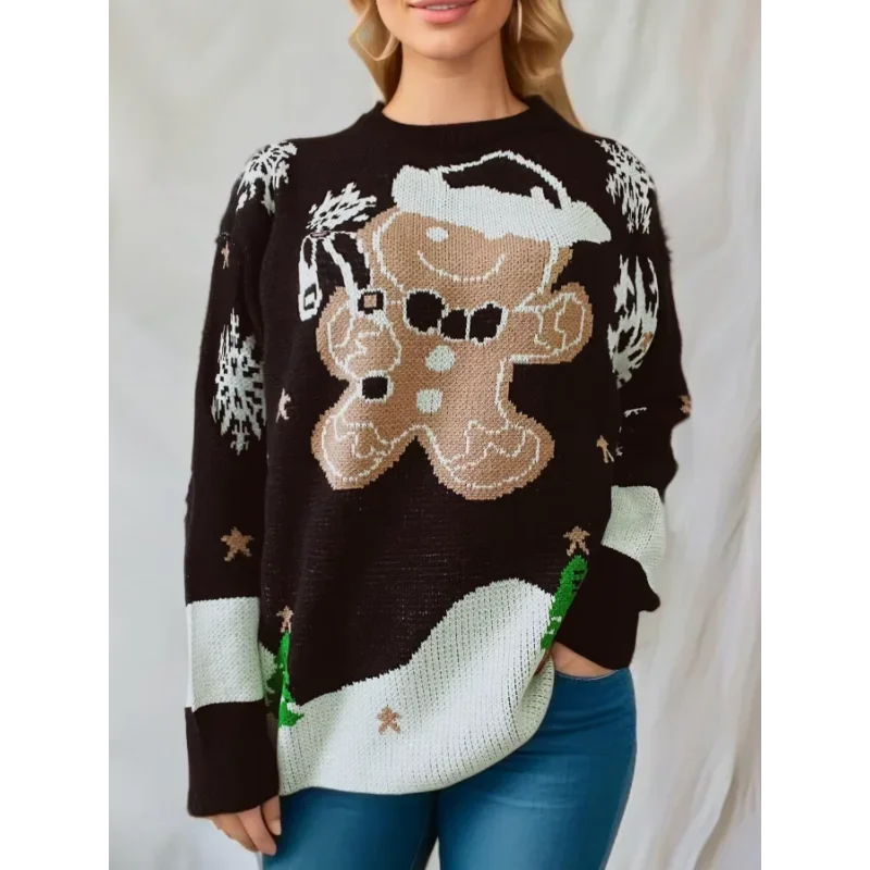 Christmas sweater with gingerbread man motif & snowflakes, red