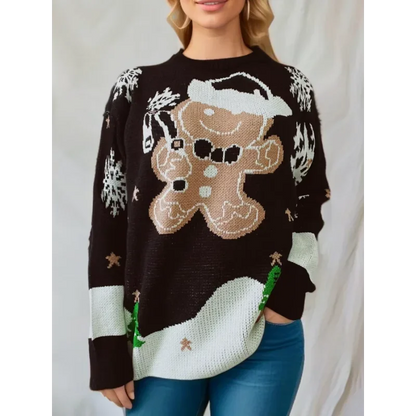 Christmas sweater with gingerbread man motif & snowflakes, red