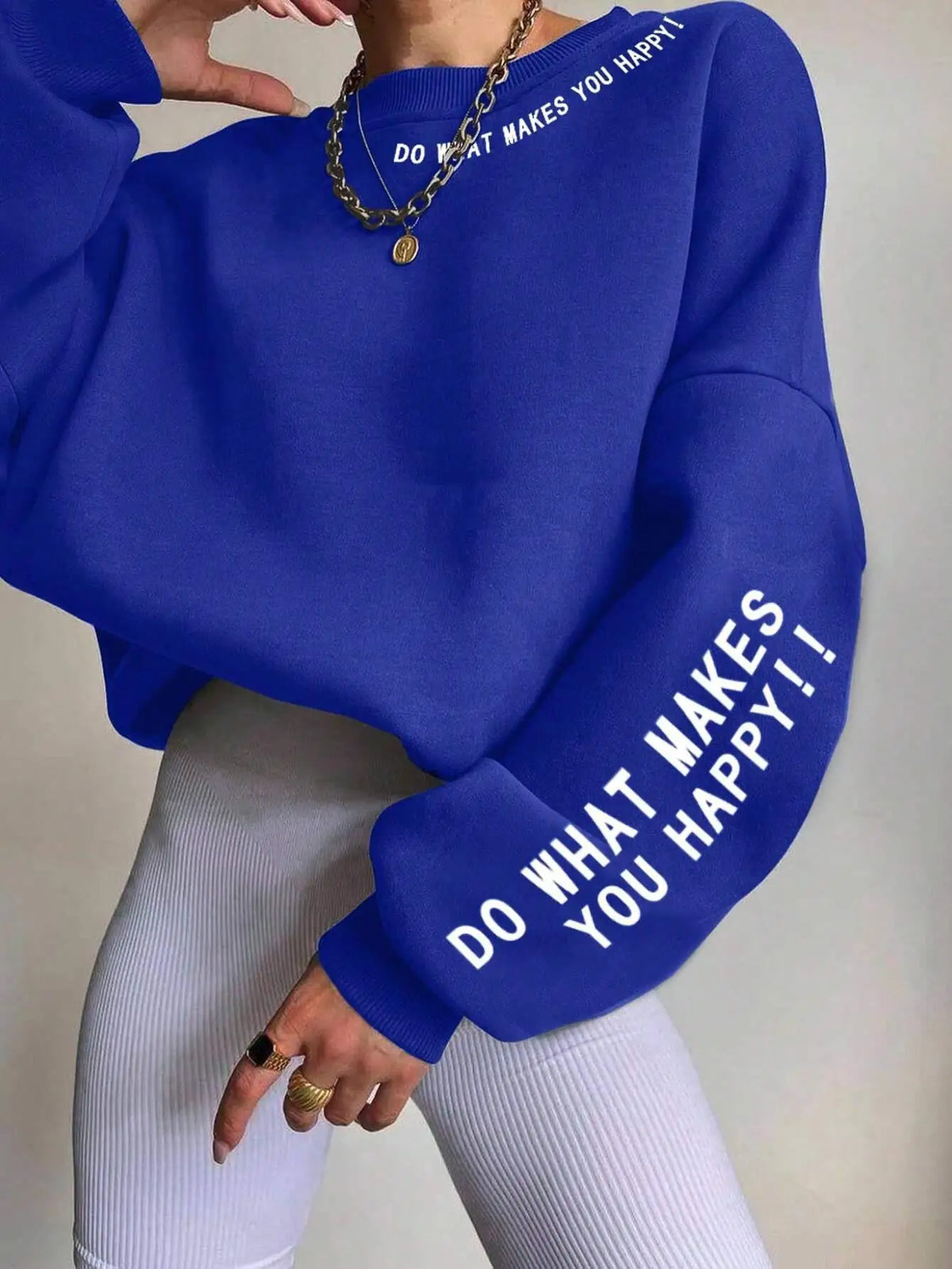 Women's crew-neck long-sleeve sweatshirt with "Do What Makes You Happy" slogan print