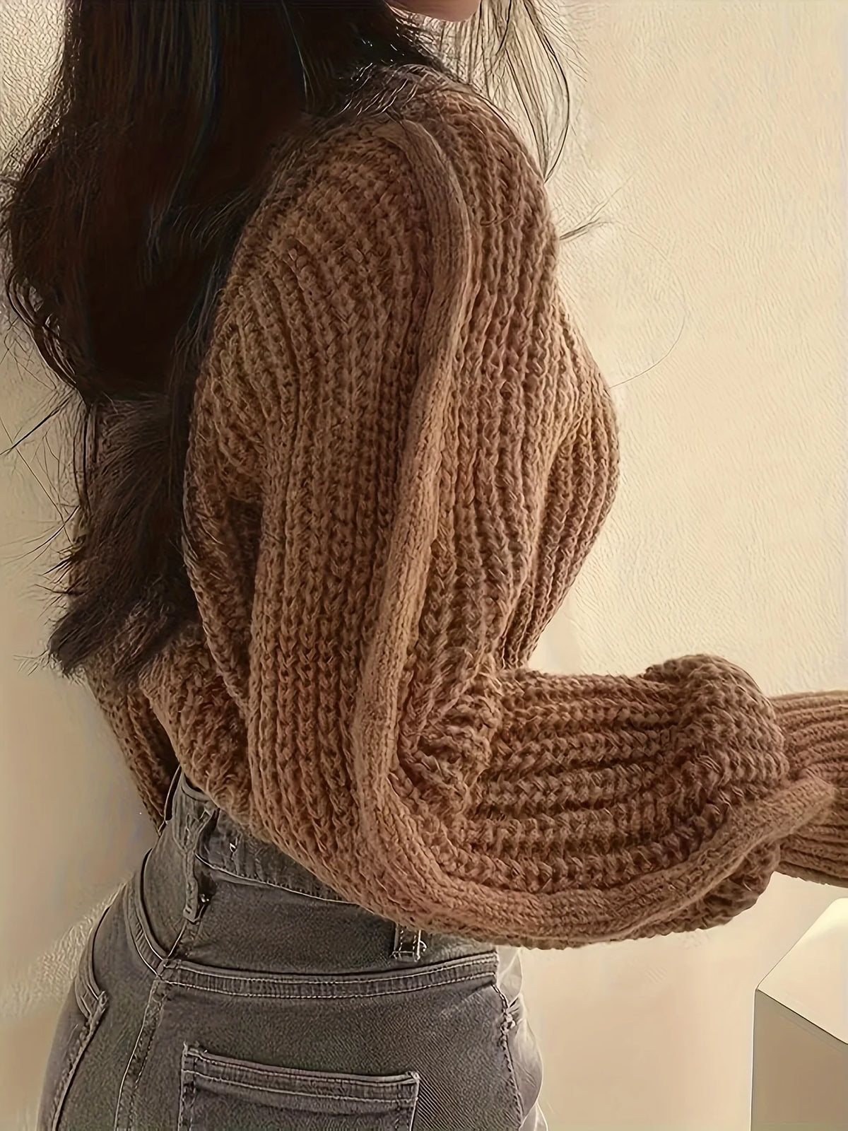Women's Chunky-Knit Cropped Crew-Neck Long-Sleeve Sweater