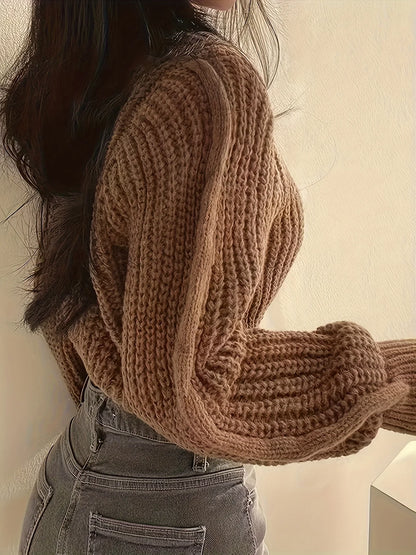 Women's Chunky-Knit Cropped Crew-Neck Long-Sleeve Sweater