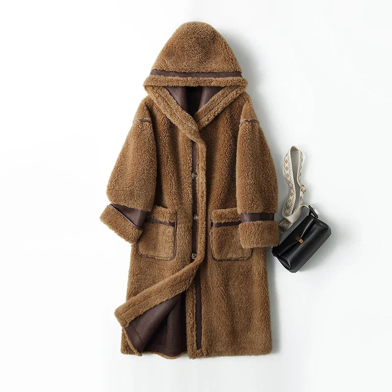 Women's long teddy-fleece coat with hood and button closure, winter jacket