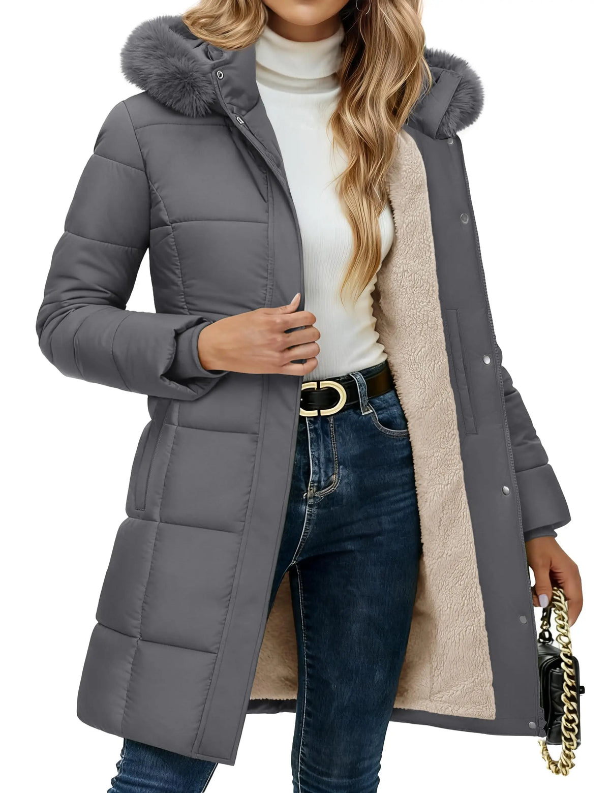 Damen Winter Steppmantel mit Kapuze, Teddyfutter und Kunstpelzbesatz