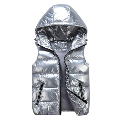 Unisex shiny hooded quilted vest, sleeveless puffer vest with zipper