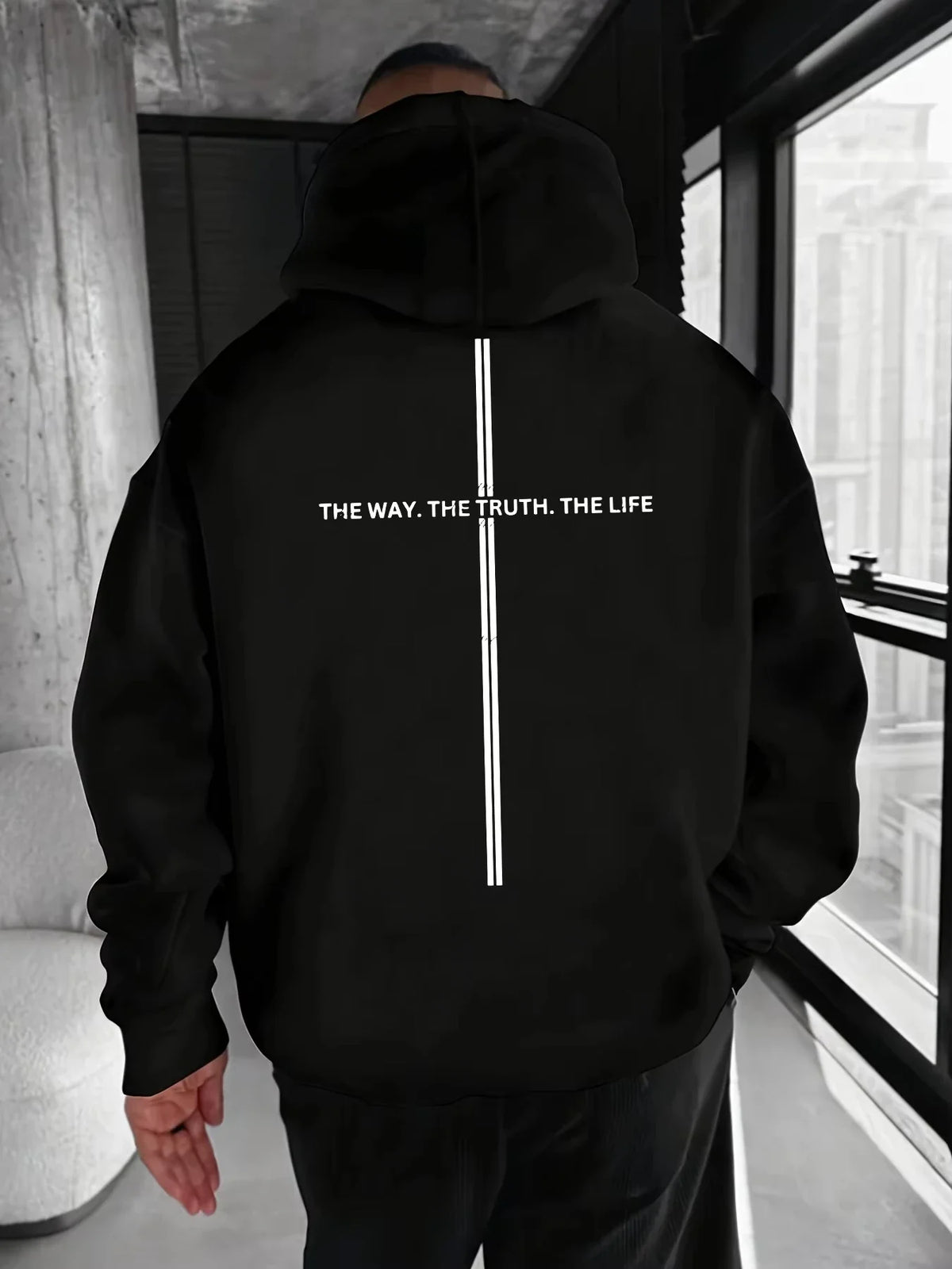 Men's Hoodie with "THE WAY. THE TRUTH. THE LIFE." Print and Stripe Design on the Back, Loose Fit