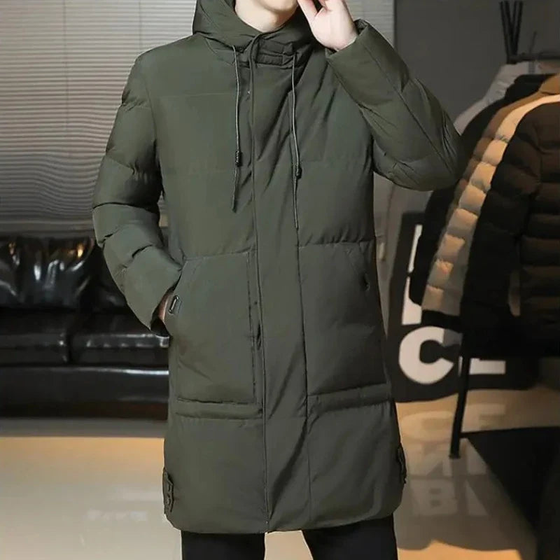 Men's long winter padded coat with hood, warm and lined