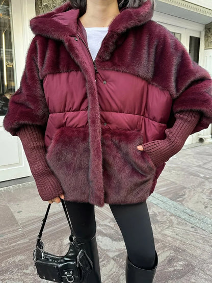Damen Kapuzenjacke Fellimitat Steppdesign Braun Winterjacke