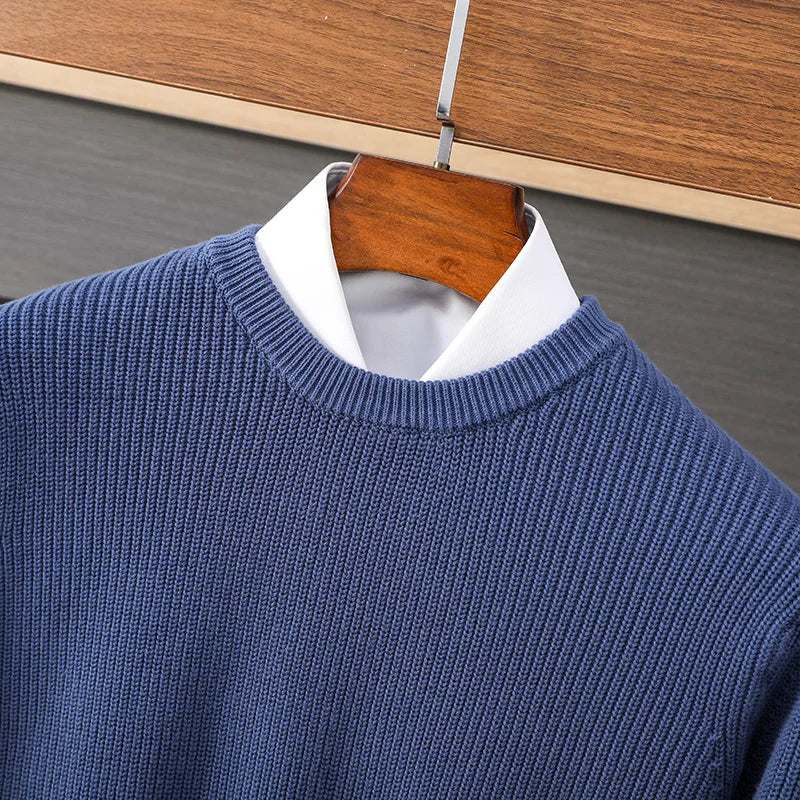 Men's crew-neck knit pullover ribbed solid-color long-sleeve